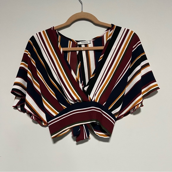 Papaya Tops - Papaya Women’s Sz M Multicolor Feaux Wrap Tie Kimono Sleeves V Neck Cropped Top